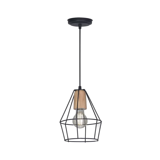 COLGANTE JAULA DIAMANTE MINI 1 LUZ CON DETALLE EN MADERA